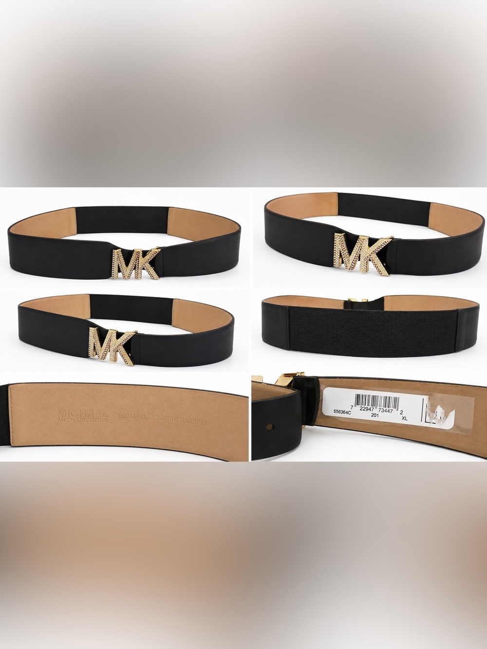 Michael Kors Wide Black Stretch Belt Rhinestone Gold MK Buckle XL